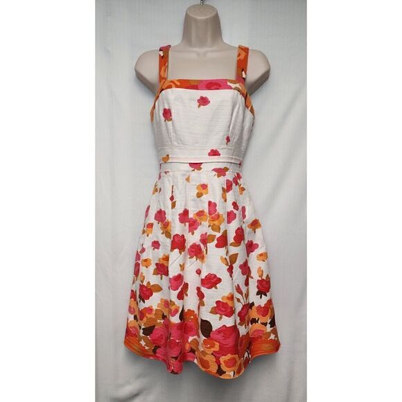 Adrianna Papell Women's Multicolor Floral Beige/Orange Fit-Flare Knee Dress Sz 6 - Picture 5 of 9